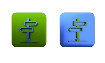 Colorful Road traffic sign. Signpost icon isolated on white background. Pointer symbol. Isolated street information sign. Direction sign. Square button. 3D render illustration
