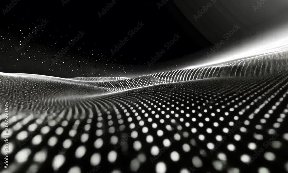 Poster black and white flowing pattern of illuminated dots texture video animation. bright swirl and conver