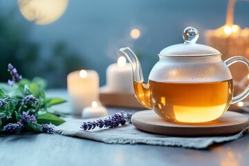 Fototapeta premium A tranquil scene featuring a glass teapot filled with aromatic tea, surrounded by candles and lavender flowers, perfect for relaxation.