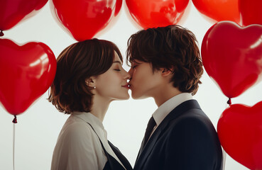 Valentine's Day Japanese couple. A man in a suit and a woman with short hair kiss a white background against a heart-shaped balloon.