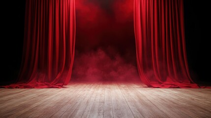 A striking theatrical setting featuring rich red velvet stage curtains illuminated by overhead lights, which create a dramatic, mysterious ambience onstage.
