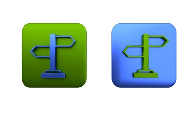 Colorful Road traffic sign. Signpost icon isolated on white background. Pointer symbol. Isolated street information sign. Direction sign. Square button. 3D render illustration