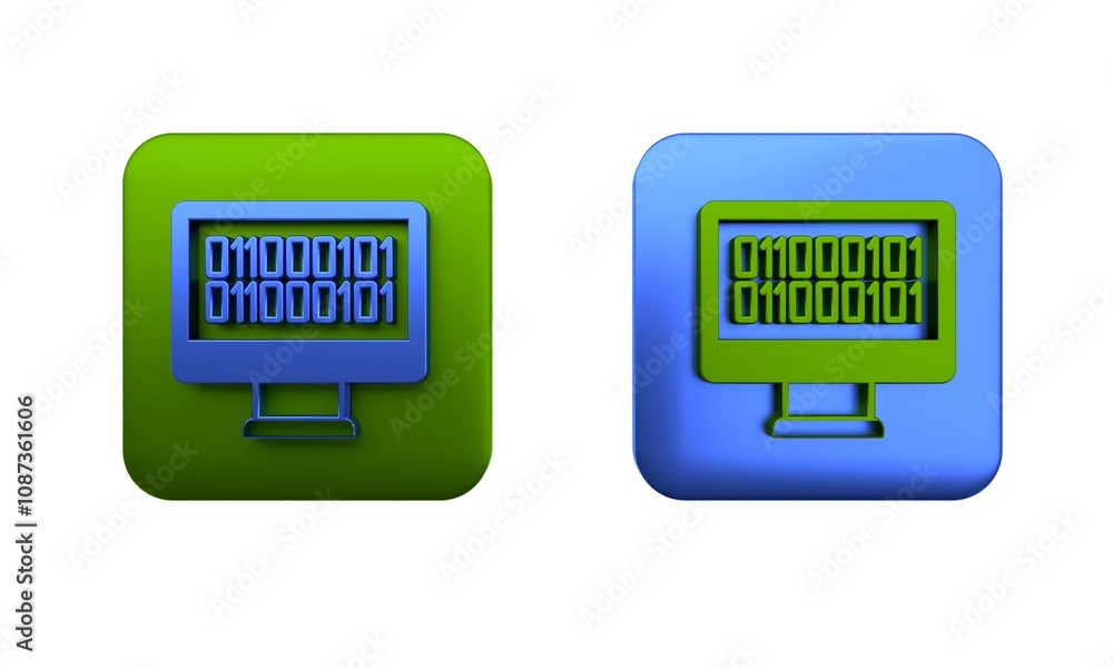 Poster colorful binary code icon isolated on white background. square button. 3d render illustration