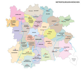 Fototapeta premium Administrative vector map of the metropolitan region of Munich, Bavaria, Germany