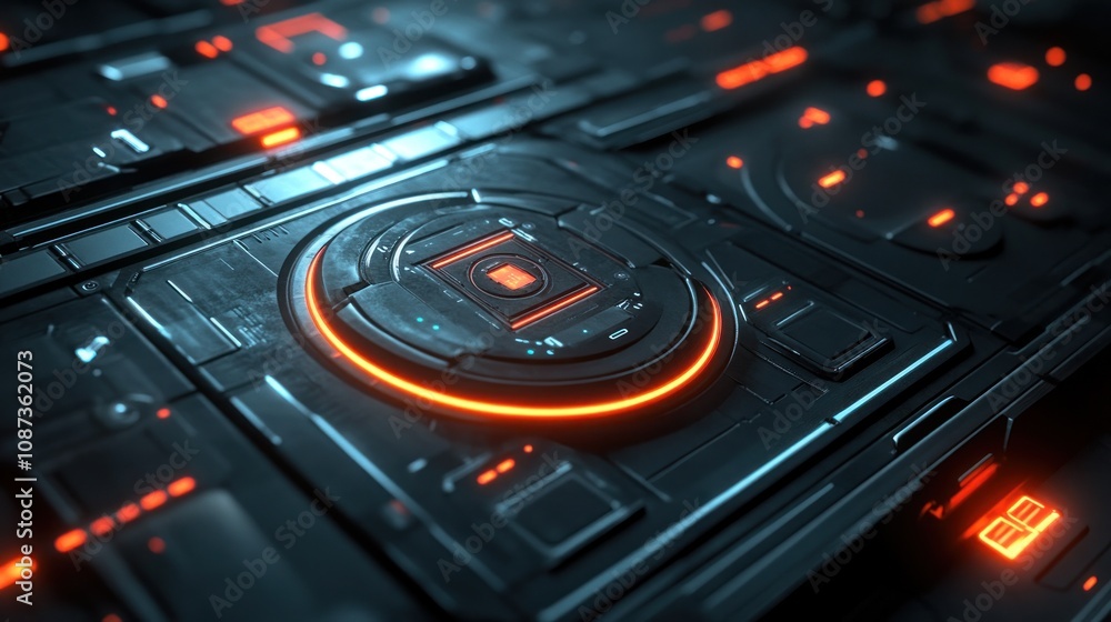 Poster a futuristic, glowing circuit board design with intricate patterns and vibrant colors.