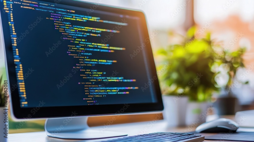 Poster a computer screen displaying colorful code in a modern workspace with plants.