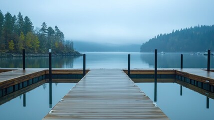 Naklejka premium Empty boat dock with a few empty slips and a scenic backdrop of trees and a peaceful harbor
