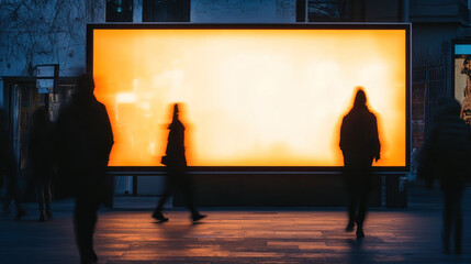 A depicting a street billboard in dark tones, with people walking by and soft, diffused light.