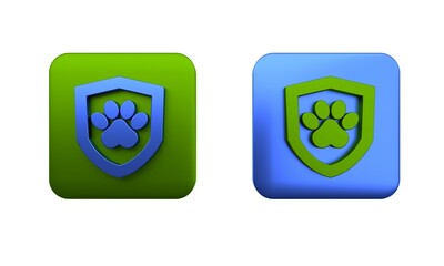 Colorful Animal health insurance icon isolated on white background. Pet protection concept. Dog or cat paw print. Square button. 3D render illustration