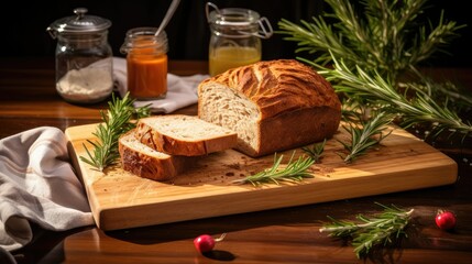 Freshly baked loaf of bread with a sprig of rosemary on a wooden cutting board