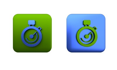 Colorful Stopwatch icon isolated on white background. Time timer sign. Chronometer sign. Square button. 3D render illustration