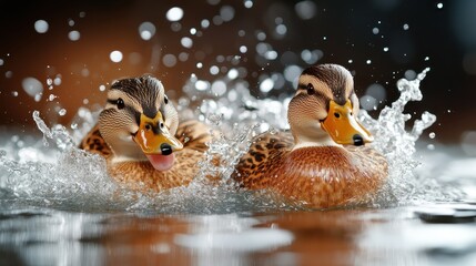 Two ducks active on the water, showcasing dynamic splashes and joyful interactions amidst bubbling water and sunlight, capturing a lively essence of nature.