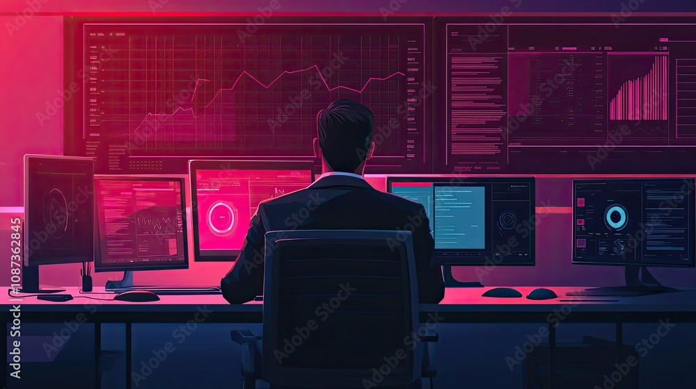 Poster a man working at a desk surrounded by computer monitors displaying charts and data