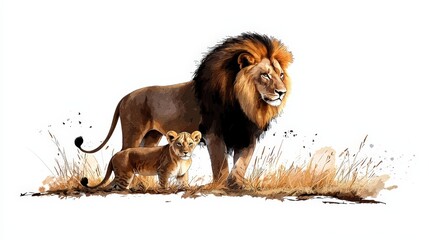 Fototapeta premium A majestic lion and its playful cub stand in golden grass, showcasing the beauty of wildlife and the bond between parent and child.
