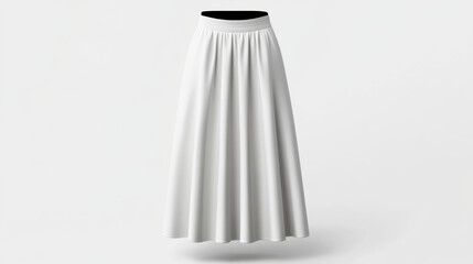 Product mockup, flowy white silk long skirt displayed upright, showcasing its elegant design and soft texture. Perfect for various occasions, this versatile piece adds touch of sophistication