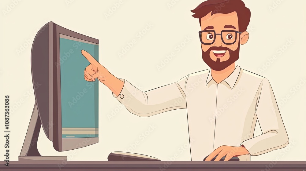 Poster a smiling bearded man in glasses points to a computer screen