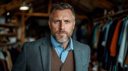 A mature man with grey hair exudes sophistication in a stylish clothing store, radiating confidence while dressed in a smart jacket and shirt.