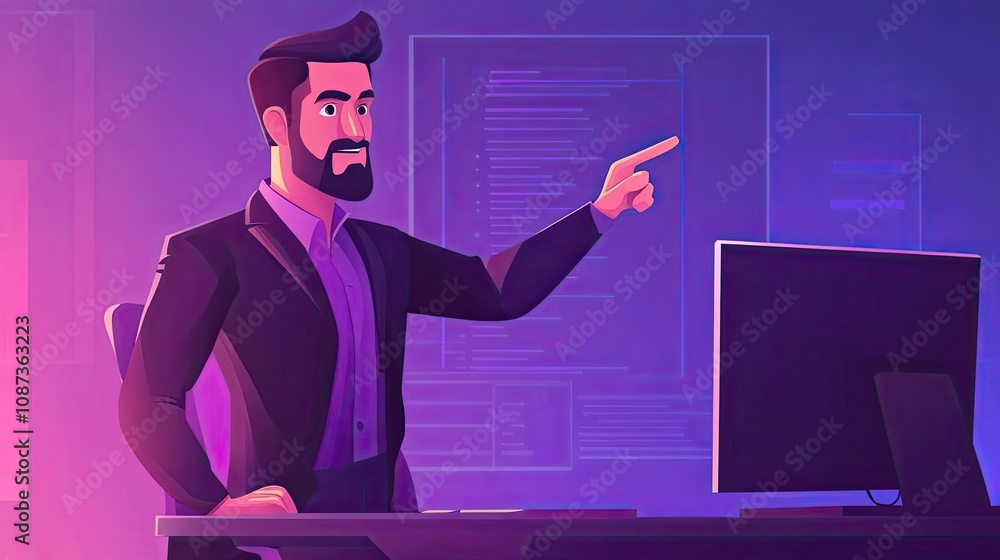 Aufkleber a bearded man in a suit points at a computer screen while standing at a desk in a purple room.