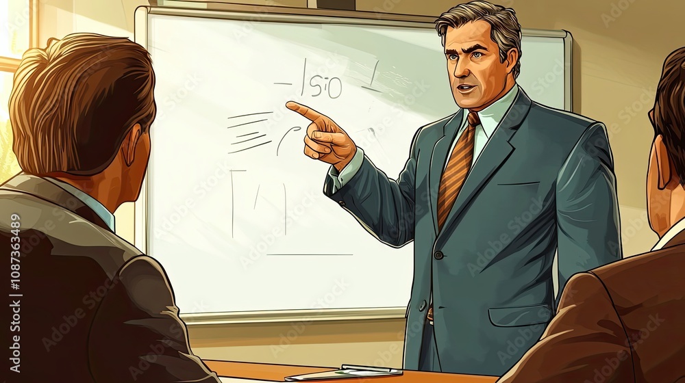 Poster man in a suit presenting a lesson on a whiteboard to two attentive listeners