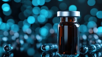 A tranquil blue-themed vial set amid shimmering lights, implying serenity and elegance, highlighting exploration and the future of chemistry and discovery.
