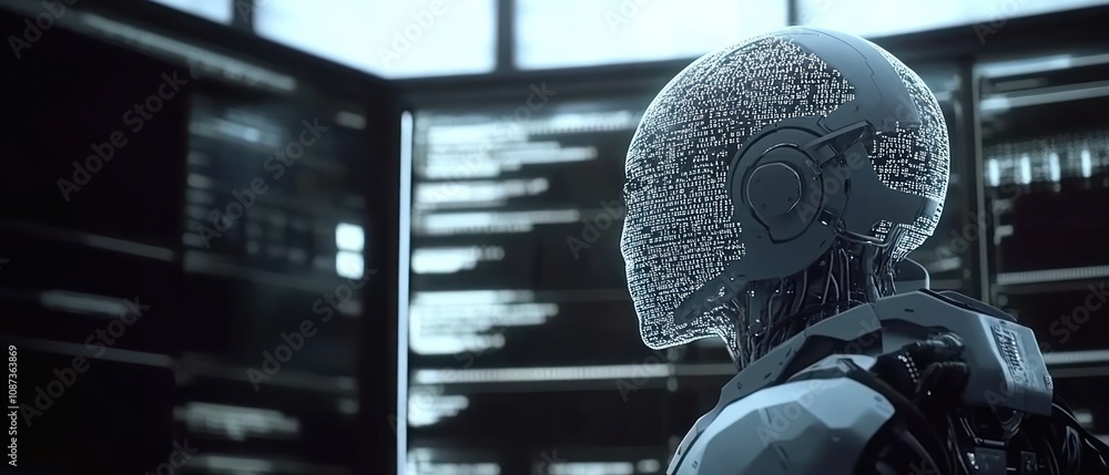 Poster a futuristic robot with a digital interface in a high-tech environment.