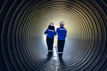 Industry Engineers Walking Inside Circular water Pipe. Engineering or Worker inspection pipe...
