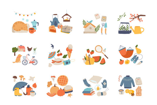 Cute seasonal composition isolated set with recreation supplies and holiday celebration accessories