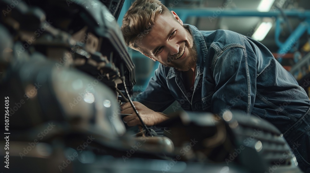 Poster a mechanic smiling while working on a vehicle in a workshop.
