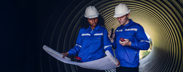 Industry Engineers Walking Inside Circular water Pipe. Engineering or Worker inspection pipe...