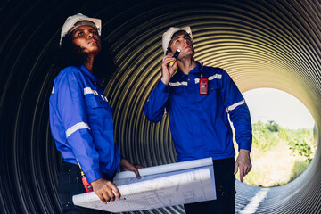 Industry Engineers Walking Inside Circular water Pipe. Engineering or Worker inspection pipe...