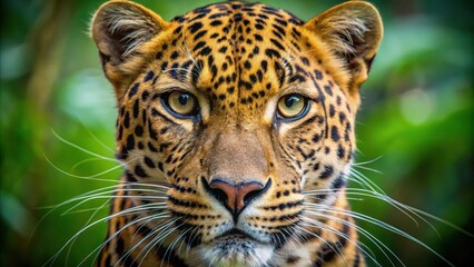 Obraz premium A Close-Up Portrait of a Leopard's Face with a Focus on its Sharp Eyes, Whiskers, and Rosette Patterned Fur