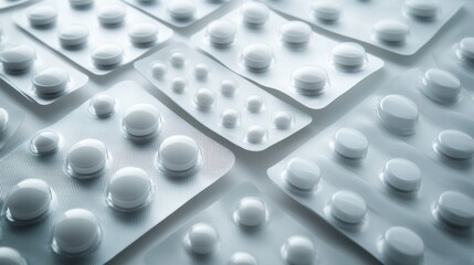 Close-up of partially used blister packs with capsules and tablets on a smooth white surface, highlighting the shiny texture of the packaging, creating a polished and clinical look.