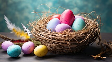 Obraz premium colorful easter eggs in basket . With copy space