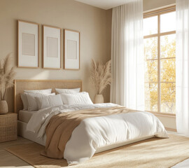 A modern and minimalist bedroom with an elegant bed, soft beige walls, white curtains, a wooden headboard, warm lighting, large windows allowing natural light, and framed posters on the wall above it.