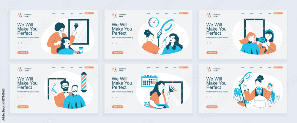 Poster Beauty salon concept of landing page with slide templates set in flat design. Website headers with people doing haircut or hairstyle, get face cream, beard shaving in barbershop. Vector illustrations.