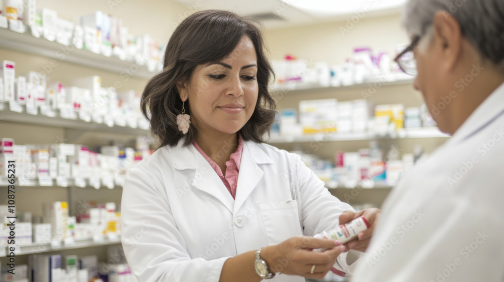 Wall mural Smiling female latin american pharmacist standing in pharmacy with shelves of medicine in background