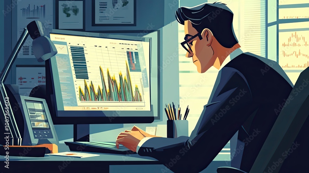 Poster businessman analyzing data on computer screen