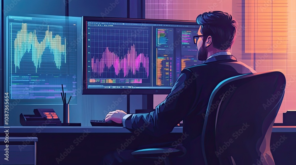 Poster a man in a suit working at a computer with data charts displayed on the screen
