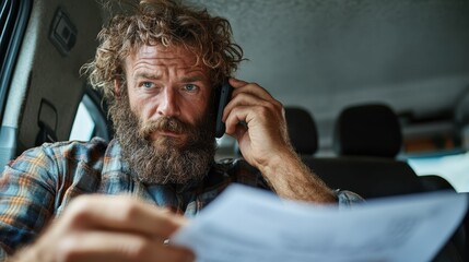 A bearded man inside a vehicle, immersed in thought, holds a phone to his ear while examining a document, evoking focus and determination during problem-solving.