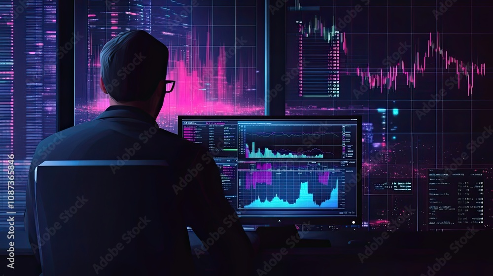 Poster a lone trader analyzing financial data in a dark office with a city view outside the window.