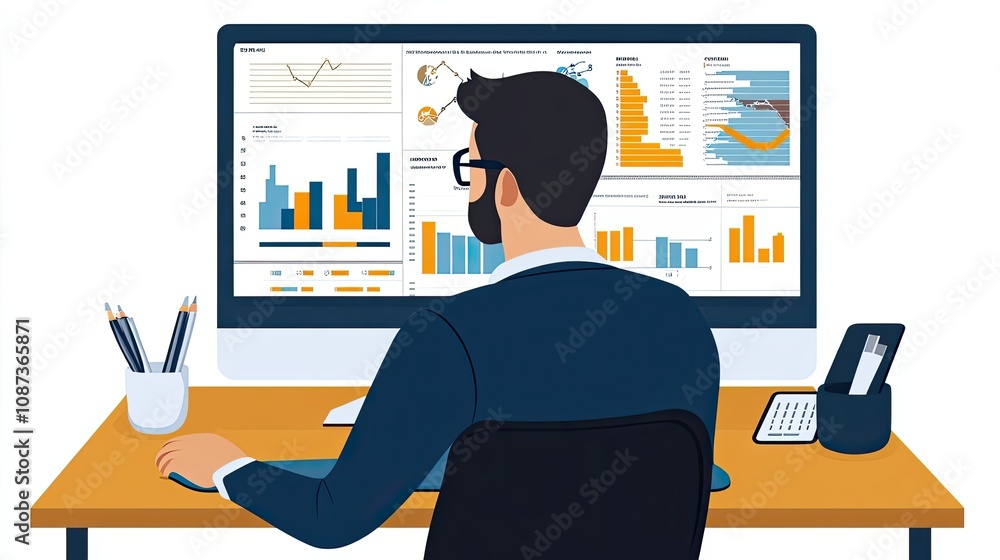 Poster man analyzing data on computer monitor at desk