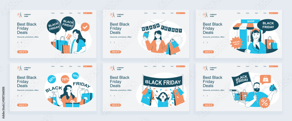 Aufkleber Black friday shopping concept of landing page with slide templates set in flat design. Website headers with people making purchases with special discount prices on season sale. Vector illustrations.