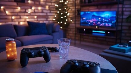 Two game controllers lay on a coffee table in front of a television with a blurry nighttime cityscape playing