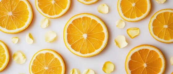 Obraz premium Beautiful citrus petals concept. Fresh orange slices arranged with petals on a light background, creating a vibrant and cheerful aesthetic.