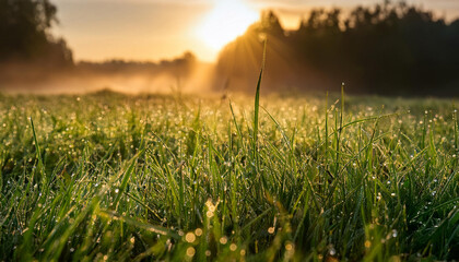 Fototapeta premium Early Morning Scene with Soft Light and Dew on Grass