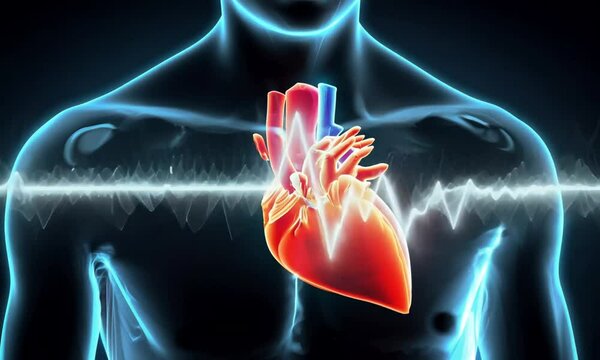 3D animation of a heart beating inside a human chest