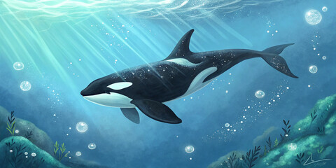A majestic orca glides gracefully underwater, illuminated by soft, ethereal light that filters through the ocean's surface. 