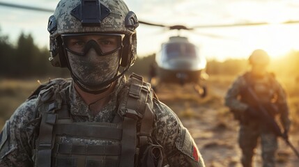 Military personnel in camouflage outfits stands alert with a helicopter in the background, embodying readiness, strength, and coordinated precision at dusk.