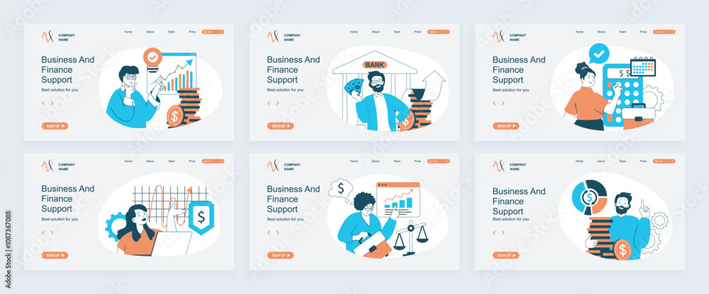 Aufkleber business and finance concept of landing page with slide templates set in flat design. website header