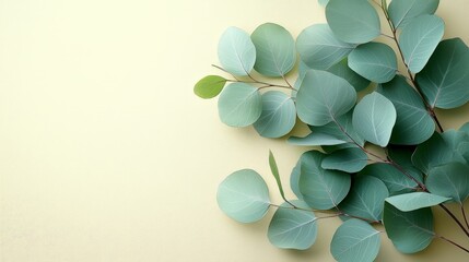 A collection of green leaves arranged on a soft yellow background.